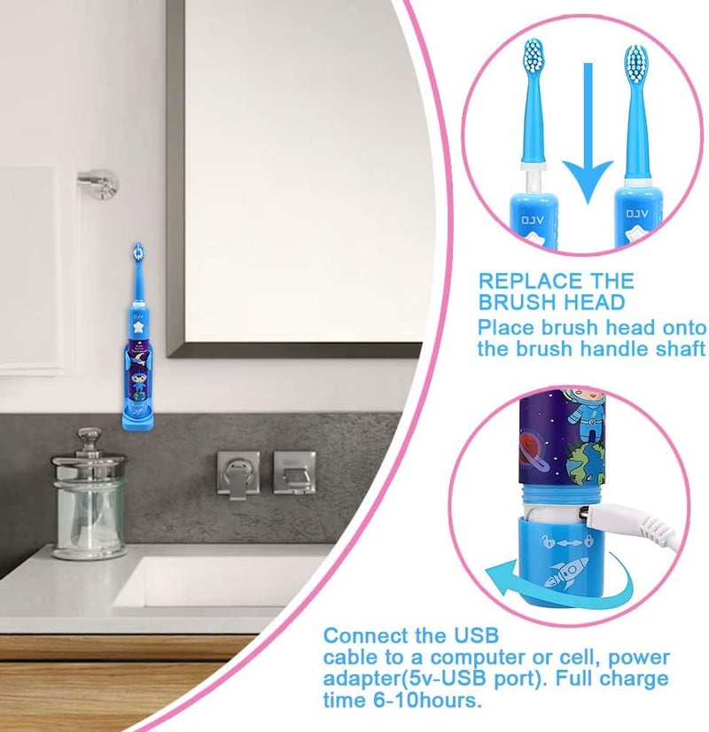 OJV 8620 Musical Electric Toothbrushes for Kids Children, 3 Modes 2 Min Timer, 6 Bristles Rechargeable Power Smart Sonic Music Play Song Toothbrush for Girls Age 3-14 with Wall Mounted Holder (Blue) - Image 5
